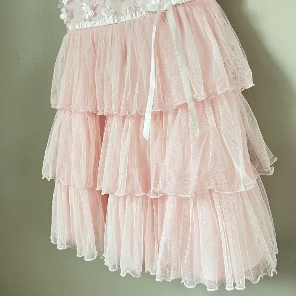 Jona Michelle Pink Tiered Embellished Girls Formal Pink Sleeveless Dress SZ 5